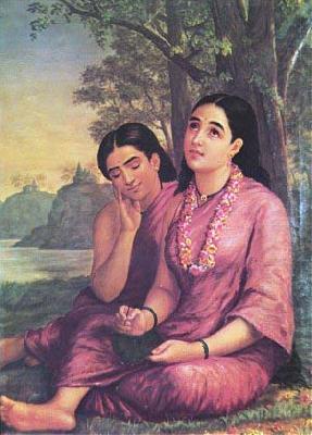 Raja Ravi Varma Shakuntala writes to Dushyanta. china oil painting image